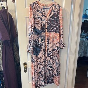 Floral Patchwork Button-Front Maxi Dress - Pink & Navy